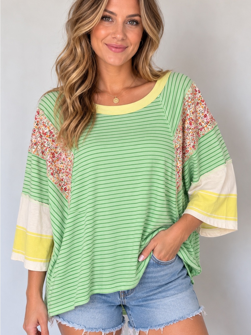 easel Mint Green Striped Tunic with Yellow Trim & Floral Panels